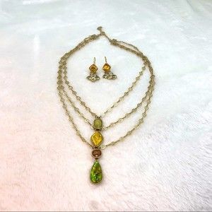 Liz Claiborne Gold Tone Multi Strand Tiered Layer Necklace & Dangle Earring Set